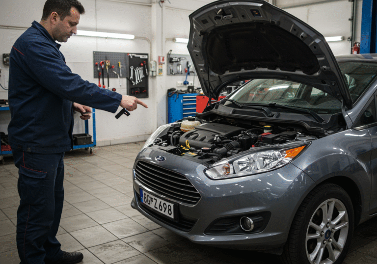 A Croatian car mechanic, wearing a dark blue work uniform, stands beside an open hood of a gray Ford Fiesta 1.0 EcoBoost, model year 2016, inside a bright, organized auto repair shop in Croatia. The mechanic's right hand points towards the engine's coolant reservoir area, indicating a potential issue, while their left hand holds a small flashlight. The scene is well-lit by overhead fluorescent lights and natural light from a garage door. Various tools are visible on a workbench in the background.
