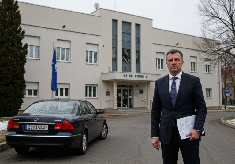 A serious, middle-aged male professional in a dark suit stands outside a modern Croatian court building, characteristic of municipal or county courts in Zadar or Split. It is an overcast winter day. A dark, official sedan is parked nearby. The man holds a formal document or folder in his hand, looking contemplative. The scene conveys legal scrutiny.