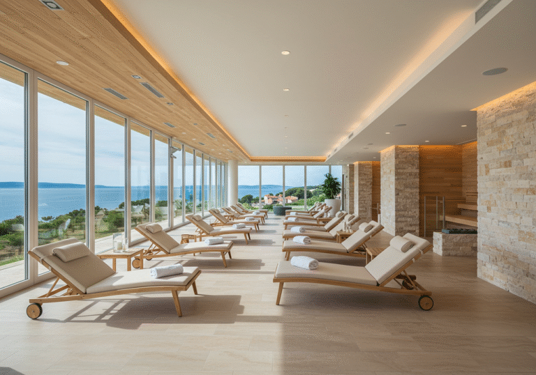 A bright and pristine, modern luxury wellness center interior in Poreč, Istria, Croatia. Large panoramic windows overlook the blue Adriatic Sea and the green Istrian coastline. The spacious relaxation area features elegant lounge chairs, light natural wood paneling, and warm stone elements, bathed in abundant natural light. Hints of advanced spa facilities, like a tranquil sauna or steam room entrance, are visible in the background, reflecting a high-end, holistic wellness experience.