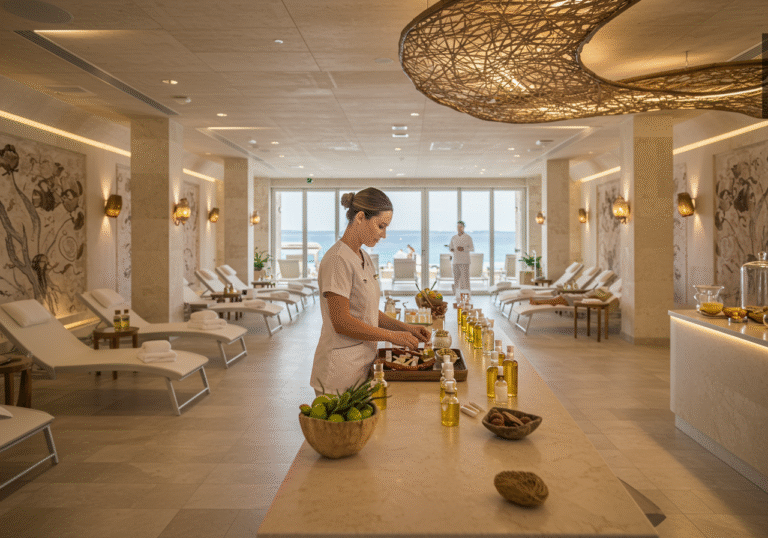 An interior wide shot of a luxurious, serene wellness spa at the modernized Pical Resort in Poreč, Istria, Croatia. Soft, warm natural light fills the spacious 1,300-square-meter area, highlighting natural materials and design elements inspired by the Mediterranean lifestyle and Istrian nature. In the foreground, a professional spa therapist, dressed in a clean, elegant uniform, is meticulously preparing custom products at a sophisticated 'Alchemy Bar,' featuring an array of small glass bottles and fresh, local ingredients. In the background, diffused and slightly out of focus, patrons are seen relaxing in comfortable, modern lounge chairs within a tranquil relaxation zone, some wrapped in white towels. The overall atmosphere is one of exclusive tranquility and personalized luxury in a year-round wellness destination.