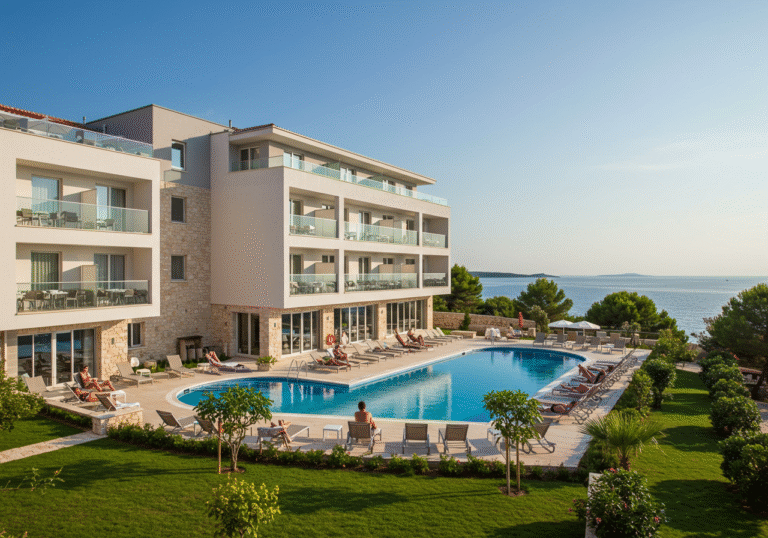A bright, wide shot of the modern Arba Resort 4* on the island of Rab, Croatia, bathed in soft afternoon sunlight. The resort's contemporary architecture and design are integrated with lush green landscaping, showcasing its premium facilities including an inviting outdoor pool and terraced areas overlooking the clear blue Adriatic Sea. A few well-dressed guests are seen relaxing in a natural and unposed manner, reflecting an atmosphere of quality and success in a leading Croatian tourism destination known for its recent growth and commitment to sustainability.