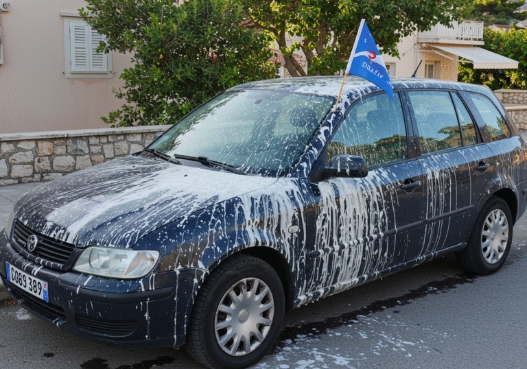 A Karlovac-registered passenger car, likely a sedan or hatchback, parked outdoors on a street or in a lot on Murter island, Croatia. The vehicle's side and front are visibly splattered with large streaks and patches of an unknown white liquid, appearing to be either dried paint or expanding foam. A small, slightly soiled blue and white Dinamo Zagreb football club flag is attached to the exterior rearview mirror. The scene is illuminated by bright, clear mid-August daylight. The background features typical Dalmatian coastal architecture or lush Mediterranean greenery, hinting at a usually peaceful tourist environment subtly marred by the vandalism.