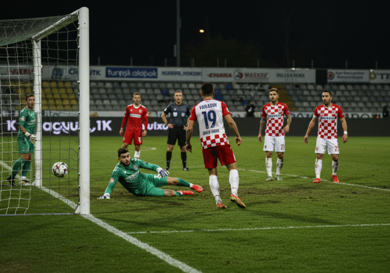 A tense moment on the football pitch at Varteks Stadium in Varaždin, Croatia, on a Monday night. Varaždin forward Ivan Mamut, wearing his team's jersey, stands in the Gorica penalty box, looking intently at the crossbar after his powerful shot narrowly missed scoring. Gorica goalkeeper Davor Matijaš, in his club kit, is on the ground near the goalpost, having just made a save before Mamut's second attempt hit the woodwork. Other players from both Varaždin and Gorica are visible nearby, reacting to the dramatic missed opportunity. Bright stadium floodlights illuminate the pitch, casting dynamic shadows, with blurred spectators visible in the background of the stands. The scene captures the high stakes of a SuperSport HNL match.