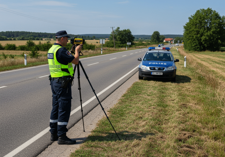 A Croatian police officer in a dark blue uniform with a high-visibility yellow-green vest stands on the side of a two-lane asphalt road in Varaždin County, Croatia, operating a handheld speed radar gun. A marked Croatian police patrol car is parked behind them, slightly off the road. The setting is a clear, sunny summer day, with green trees and fields visible in the background under a blue sky. The officer is focused on the road, observing approaching vehicles.