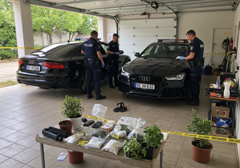 A black Audi RS7 luxury car parked inside a residential garage in Varaždin, Croatia. Several Croatian police officers in uniform are examining the vehicle and evidence laid out on a nearby table or workbench. Visible items include various Croatian license plates, mobile devices, air rifles, airsoft pistols, small evidence bags containing plant material and white powder, and several small potted green plants. Natural morning light filters into the garage, highlighting the scene of investigation.