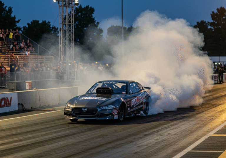 A powerful, modified drag racing car from the PRO AUTO class launches violently from the starting line on the 402-meter asphalt track at Varaždin airport, Croatia. Thick white smoke billows dramatically from its rear tires as the car's front wheels lift slightly off the ground from the sheer force of acceleration. The scene is illuminated by the warm, directional light of a late August afternoon during the Varaždin Street Race Show 2025 finale. In the background, a blur of spectators behind safety barriers and temporary event structures suggests the large crowd of around 10,000 people. The focus is sharp on the car's dynamic movement, conveying extreme speed and the high-octane atmosphere of the event.