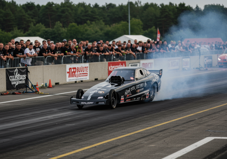 A powerful, custom-tuned drag racing car accelerates intensely down the asphalt runway at Varaždin Airport, Croatia, during the Varaždin Street Race Show 2025. The vehicle is mid-launch, with its rear tires smoking from high traction and visible exhaust fumes trailing behind it. In the background, a large crowd of spectators watches from behind safety barriers, their faces illuminated by the bright afternoon sun. Other high-performance cars and motorcycles are visible in the general area, hinting at the vast number of participants. The atmosphere is charged with the excitement of high-speed auto-moto sport in Croatia.