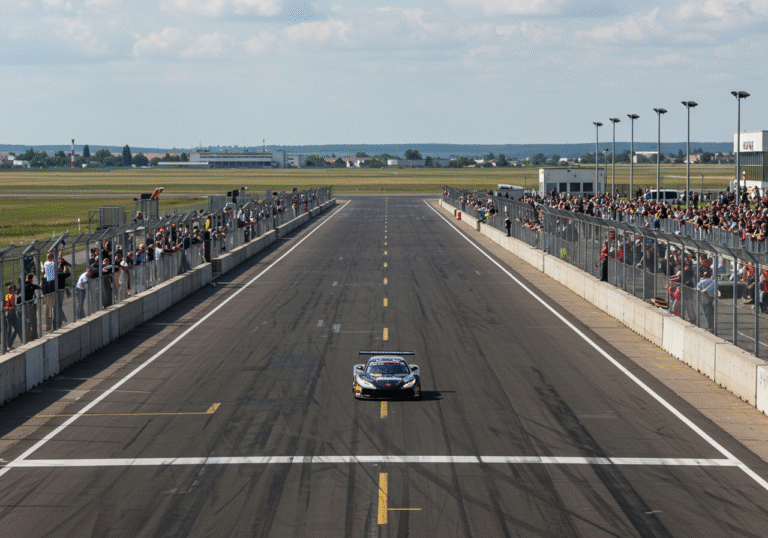 A powerful street race car, low to the ground, accelerates at high speed down the wide asphalt runway of Varaždin Airport in Croatia. The scene is bright and clear under ideal daytime weather conditions. A large crowd of several thousand enthusiastic spectators lines the safety barriers along the edge of the track, their attention fixed on the racing action. Distant airport buildings and the flat, open landscape of Varaždin are visible under a bright, clear sky, capturing the dynamic atmosphere of the Varaždin Street Race Show.