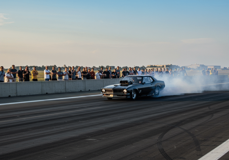 A powerful, highly modified drag car, perhaps a classic American muscle car or a modern European sports car, launches from the starting line on the asphalt runway at Varaždin Airport, Varaždin, Croatia. Its rear tires spin briefly, creating a fine mist of rubber smoke, as the front end lifts slightly off the ground from the immense acceleration. The late afternoon sun of a bright Croatian summer day casts long, sharp shadows, highlighting the car's sleek lines. A large crowd of spectators, dressed in casual summer attire, stands excitedly behind a safety barrier along the edge of the track, their attention fully on the accelerating vehicle. The atmosphere is charged with adrenaline and the roar of the engine. The background shows the flat expanse of the airport runway, with distant low-rise buildings or hangars typical of a regional airfield under a clear blue sky.