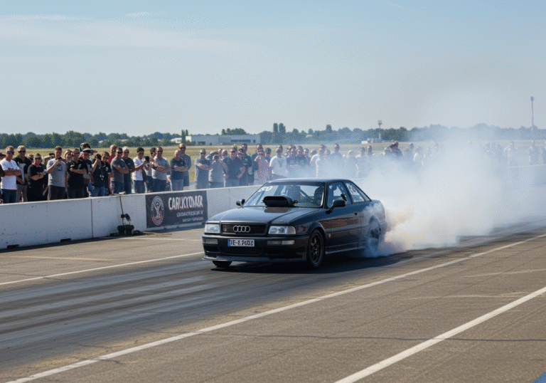 An Audi S2 drag racing car, driven by Dario Konopek, launches from the asphalt track at Varaždin Airport in Croatia, amidst a cloud of white tire smoke. The highly modified vehicle is captured in powerful acceleration, with the driver visible and focused behind the wheel. In the background, a large crowd of enthusiastic spectators lines the track, watching the high-speed event under the bright, clear sky of a warm August day. The flat, open expanse of the airport grounds with distant low buildings forms the backdrop.