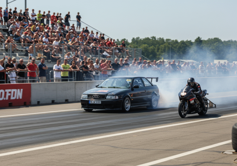 A dynamic action shot capturing the intensity of a drag race at the Varaždin Street Race Show, held on the tarmac of Varaždin Airport in Croatia. Under bright mid-day summer sun, a highly modified race car, such as an Audi S2 or Seat Leon VR6, speeds down the 402-meter track, leaving a trail of tire smoke and visible heat haze from its exhaust. Nearby, a powerful drag race motorcycle accelerates, showcasing the dual nature of the competition. The background features a large, excited crowd of thousands of spectators, many wearing sunglasses and casual summer attire, blurred to emphasize motion. The flat, open landscape of the regional airfield is visible, with temporary barriers and event infrastructure. The scene conveys high speed, adrenaline, and the roar of engines, capturing the atmosphere of Croatia's premier automotive event.