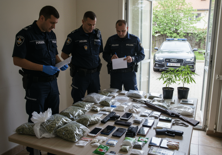 Varaždin police officers in Croatian police uniforms meticulously examining and documenting seized evidence inside a residential building in Varaždin, Croatia, during daylight. On a large table or floor, an array of confiscated items is neatly arranged: clear plastic bags filled with dried marijuana, small piles of white powder (cocaine), several green Indian hemp plants in pots, a cluster of various mobile phones, an air rifle, two airsoft pistols, and a stack of different Croatian license plates. In the background, visible through a window or open door, a stolen Audi RS7 is parked in the property's driveway. The scene is well-lit by natural light, capturing the serious and methodical nature of a police investigation.