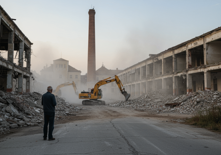 Varaždin, Croatia: A wide editorial shot capturing the ongoing demolition of the sprawling former Varteks textile factory complex along Zagrebačka ulica. Heavy machinery, including excavators, actively tears down large industrial buildings, creating vast piles of concrete rubble and thick clouds of dust across the 50,000 square meter site on a late summer day. In the background, the distinctive tall brick factory chimney from 1934 stands intact and prominent, a stark contrast to the surrounding destruction, alongside glimpses of preserved industrial buildings from 1906 and 1928. An older Croatian man, dressed in casual clothes, stands thoughtfully on the edge of the demolition area, observing the scene with a reflective expression, embodying the mixed emotions of the local community. The light is diffused by the demolition dust, giving the scene an atmospheric quality.