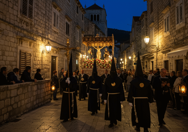 A solemn night procession during Vela Setemana (Holy Week) winding through the narrow, ancient stone streets of Korčula Old Town, Croatia. Figures in traditional dark penitent robes, representing local brotherhoods, walk slowly and reverently, some carrying large, intricately carved wooden crosses. The historic Dalmatian architecture of the buildings is softly illuminated by the dim glow of old streetlights and the light of traditional lanterns held by participants. Residents and community members line the ancient stone walls, observing respectfully. The atmosphere is deeply reverent and hushed, reflecting centuries of religious and cultural tradition on the island.