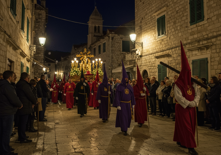 A solemn nocturnal procession during 'Vela Setemana' on the island of Korčula, Croatia. Members of the historical brotherhoods, including 'Sasvetani', 'Rokovci', and 'Mihovilci', walk slowly through the ancient stone streets, carrying large wooden crosses. The scene is lit by the warm glow of traditional streetlights and faint ambient light from the surrounding historic buildings. Their faces reflect deep piety and reverence for the centuries-old tradition. Local residents of Korčula stand respectfully along the route, observing the significant cultural event that unites the community.