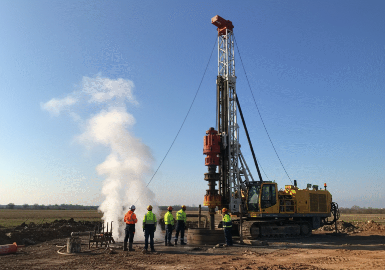 A large geothermal drilling rig stands at an active industrial exploration site on the outskirts of Velika Gorica, Croatia, under a clear, bright daylight sky. A visible plume of white steam or vapor rises from the ground near the wellhead, indicating a high-temperature geothermal reservoir. Several engineers and geologists, dressed in professional field clothing and safety helmets, are gathered around the equipment, observing operations and discussing technical data. The surrounding landscape shows the flat, continental Croatian terrain.