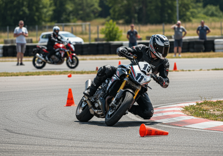 A professional motorcycle rider in full protective racing leathers and helmet, intensely focused and leaning sharply into a precise turn around an orange cone on the modern asphalt surface of the Bugatti Rimac test track in Mičevac, Velika Gorica, Croatia. The scene is illuminated by bright, clear July afternoon sunlight, highlighting the dynamic action of the 11th European Motogymkhana Championship. In the background, other motorcycles are parked, and a small group of spectators watches from a distance, observing the skillful maneuvers. The atmosphere is focused and competitive under the warm Croatian summer sky.