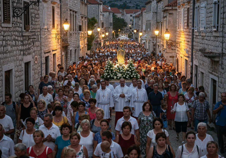 Tens of thousands of Catholic pilgrims of all ages walk in a massive, solemn procession through the historic streets of Sinj, Dalmatia, Croatia, in the early morning hours of August 15. The crowd, dressed in everyday and traditional clothing, fills the cobblestone streets as a revered statue of the Virgin Mary is carried by a group of men at the forefront. Soft, diffused natural light illuminates the scene, casting long shadows from the ancient stone buildings and traditional Dalmatian architecture lining the route towards the distant Sanctuary of Our Lady of Sinj. Faces show deep devotion and quiet prayer, reflecting centuries of tradition and national identity.