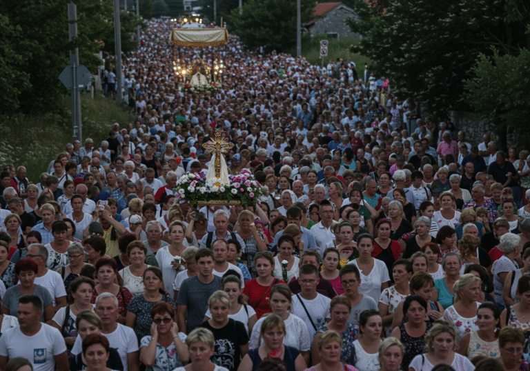 A vast crowd of tens of thousands of Croatian Catholic pilgrims participating in a solemn early morning procession towards the Svetište Gospe Sinjske (Shrine of Our Lady of Sinj) on August 15th. The scene is bathed in cool, dim predawn light, with the first hint of twilight on the horizon. Pilgrims, primarily adults of various ages, walk purposefully, some with heads bowed in prayer, others singing quietly. Their expressions are devout and reflective, showing deep faith and devotion during this national and religious holiday in Croatia.