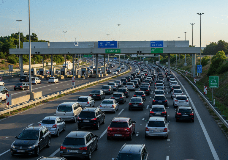 An editorial photograph taken from a slightly elevated angle, capturing the intense traffic congestion at the Lučko toll booth on the A1 highway in Croatia on a bright Friday morning in August. Multiple toll lanes are visible, packed with a long, dense queue of passenger cars, SUVs, and a few minivans, all heading south towards the Adriatic coast. The vehicles stretch back for approximately a kilometer from the toll gates. The sky is clear blue with strong, warm sunlight illuminating the scene, typical of a summer day. Drivers are visible inside their vehicles, waiting patiently. The surrounding area shows highway infrastructure, a mix of concrete and green Croatian countryside, indicating a major travel day.