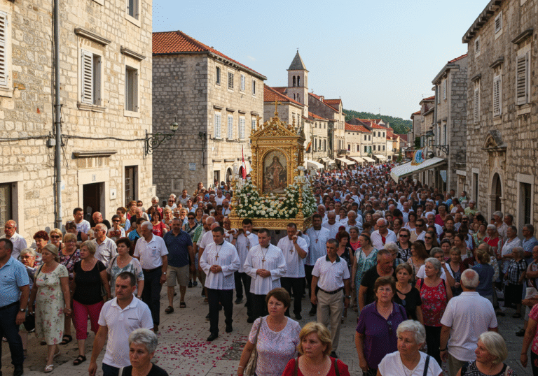 Thousands of Croatian Catholic pilgrims, dressed in various summer attire, walk in a solemn procession through a historic town on the Feast of the Assumption, Velika Gospa, in Croatia, on a clear August morning. A large crowd gathers around a group carrying the revered 'Miraculous Lady's Image' on a ceremonial platform, with flower petals scattered on the ground around them. Some pilgrims walk barefoot, their expressions devout. Distant church bells ring, and the sound of a cannon shot echoes in the background, emphasizing the solemnity and scale of the event. Traditional Croatian stone buildings line the street, under a bright blue sky.