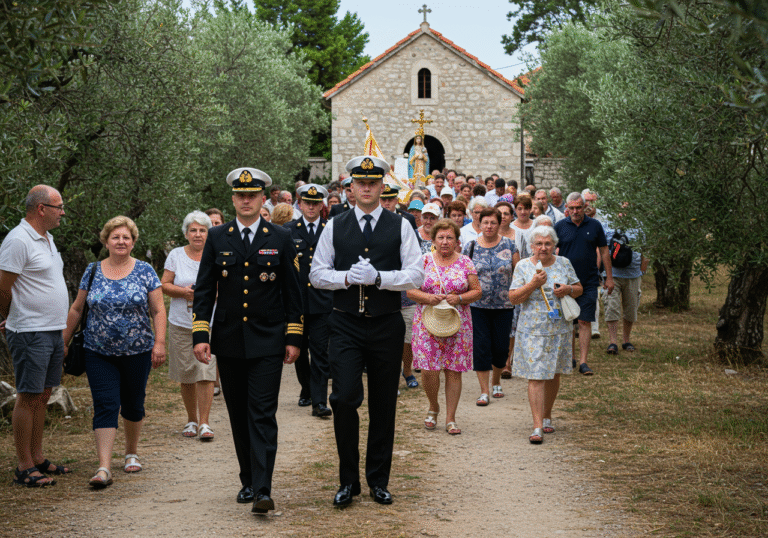 A group of uniformed Croatian War Navy (HRM) members participates in a solemn procession for the Feast of the Assumption, walking towards the ancient shrine Gospa Stomorija in Kaštel Novi, Croatia. It is a bright, clear August 15th morning. Numerous Croatian pilgrims in summer clothing follow behind, some holding candles or rosaries, with expressions of deep devotion. The scene is set on a path leading through an olive grove, with a traditional stone building of the shrine visible in the background under a blue sky.
