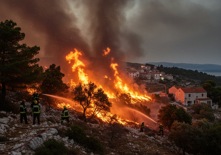 A powerful wildfire rages across the rugged landscape of Brač island, Croatia, under the dark sky of early morning on August 15, 2025. Croatian firefighters, wearing dark protective gear, stand on uneven terrain, actively dousing intense flames with high-pressure hoses. The fire, which started from a lightning strike, consumes dense pine forest, maquis, and olive groves, casting a dramatic orange glow across the scene. Thick smoke billows upwards, partially obscuring traditional stone houses in the nearby village of Bobovišća Donja (Bobovišća na Moru), which are precariously close to the advancing blaze. Emergency vehicles with flashing lights are visible in the distance, while the air is heavy with the smell of smoke.