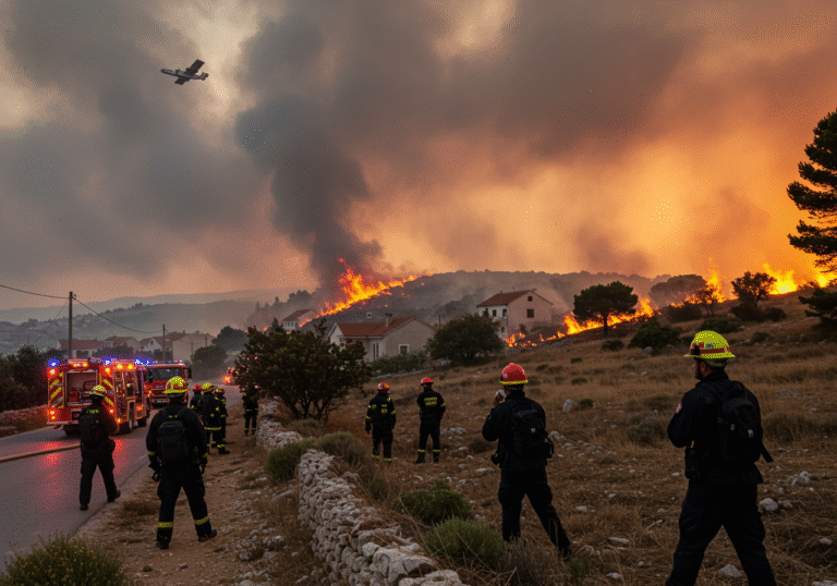 Croatian firefighters in dark protective gear and helmets battling a massive open-area wildfire in the rugged, dry landscape of Dalmatia, east of Split, Croatia. It's early morning, with the first light of dawn casting an orange glow through a thick curtain of grey smoke, highlighting intense flames consuming scrubland and pine trees on a hillside. Strong winds whip the smoke and fire, making the fight difficult. Several fire engines with flashing lights are visible on a narrow road. In the midground, residential houses appear precariously close to the advancing fire line, protected by the firefighters. A Canadair firefighting aircraft is visible in the smoky sky in the distance, contributing to the effort. The scene conveys a sense of urgency, exhaustion, and determination under the challenging conditions of a heatwave.