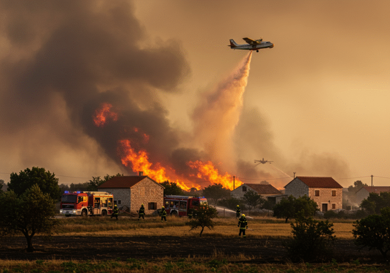A large wildfire rages in the rural hamlet of Jošani, near Galovac and Škabrnja, Croatia, during late afternoon on August 6, 2025. Thick plumes of smoke billow across the landscape as flames come dangerously close to traditional stone residential houses, just ten meters away. Croatian firefighters in full protective gear are actively deploying water hoses from several fire trucks, intensely battling the blaze on the ground. Overhead, a Canadair or Air Tractor firefighting aircraft descends through the smoky sky, releasing water. The scene is bathed in the dramatic golden hour light, intensified by strong Bura winds whipping through the air, visibly pushing smoke and embers. Partially scorched olive groves and agricultural fields line the immediate foreground, bearing witness to the fire's destructive path.