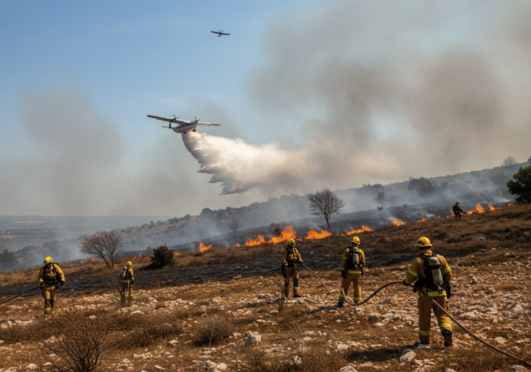 Croatian firefighters in protective gear intensely battling a large wildfire in the rugged, smoke-filled landscape of Istria, Croatia, between the villages of Šegotići and Pavičina. Strong Bura wind whips through the dry Mediterranean vegetation, fanning the flames and carrying embers across the terrain. In the sky above, a Canadair plane or an Air Tractor aircraft is actively dropping water onto the burning area, supporting the demanding ground efforts. Patches of recently burned ground are visible, contrasting with the active flames and thick plumes of smoke rising into the air, capturing the challenging scale of the fire.