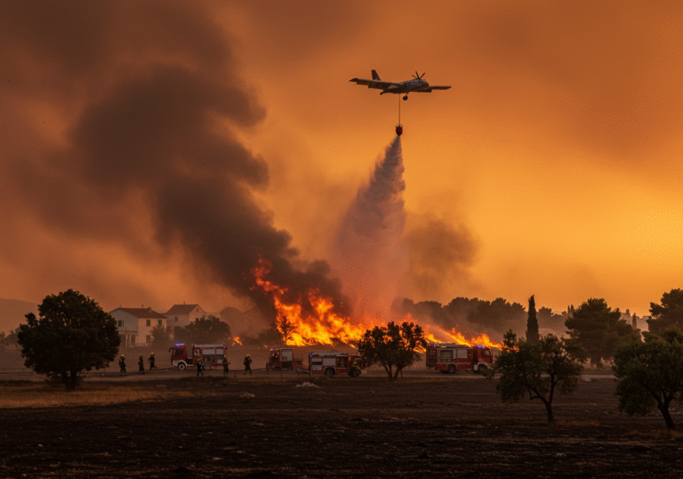 Early morning light filters through thick, dark smoke over a large wildfire raging in Staro Selo, near Krilo Jesenice, between Jesenice and Sumpetar, east of Split, Croatia, on August 11, 2025. Intense flames consume pine forest and olive groves, propelled by strong Bura winds. On the ground, Croatian firefighters in their protective gear, with multiple fire trucks, battle the blaze near the closed D8 Adriatic Highway. Above, a CL-415 Canadair aircraft makes a water drop, its white plume contrasting against the smoke-filled, hazy orange sky. Residential buildings are visible dangerously close to the fire line, highlighting the urgent efforts to protect them. The ground is charred and smoky, with ash scattering in the wind.