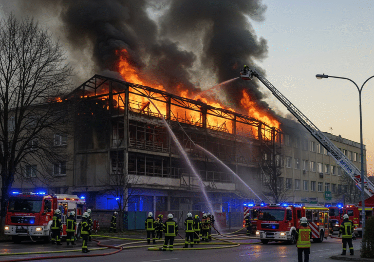 Late afternoon light illuminates a massive fire engulfing the multi-story former Panturist building, now housing Auto Hrvatska and Arriva offices, on Ulica svetog Leopolda Bogdana Mandića in Osijek, Croatia. Intense flames and dense, dark smoke erupt from the upper floors and the complex metal roof structure, where the fire originated in a PVC joinery production warehouse. Dozens of professional and volunteer Croatian firefighters from Osijek, in their yellow protective gear, are actively battling the blaze with high-pressure hoses, surrounded by numerous fire trucks with flashing emergency lights. The scene captures urgent, ongoing efforts against the backdrop of a smoke-filled sky.