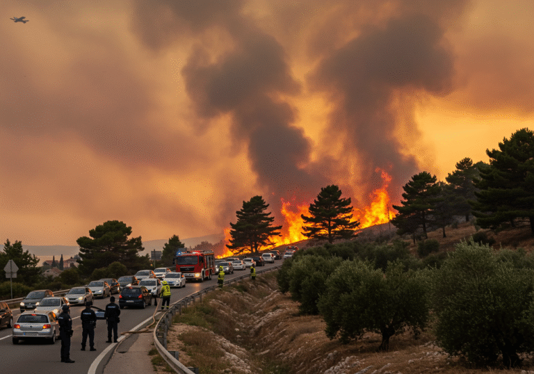 Early morning light cuts through thick plumes of smoke rising from an extensive forest fire on the hills above Staro Selo, east of Split, Croatia. Intense flames consume pine trees and olive groves near the Adriatic coastline. On the closed Adriatic Highway (D8) below, a long line of civilian cars is backed up in heavy traffic congestion. Croatian police officers in dark uniforms are actively directing diverted traffic. In the foreground, Croatian firefighters in yellow protective gear battle the blaze with hoses, their figures silhouetted against the glowing inferno. A red fire truck is positioned strategically. Strong winds whip the smoke and flames, creating a chaotic, urgent atmosphere. In the smoky sky above, an air tractor aircraft is seen making a water drop, the scene dominated by the orange glow of the fire and the heavy, grey smoke blowing towards the sea and Brač island.