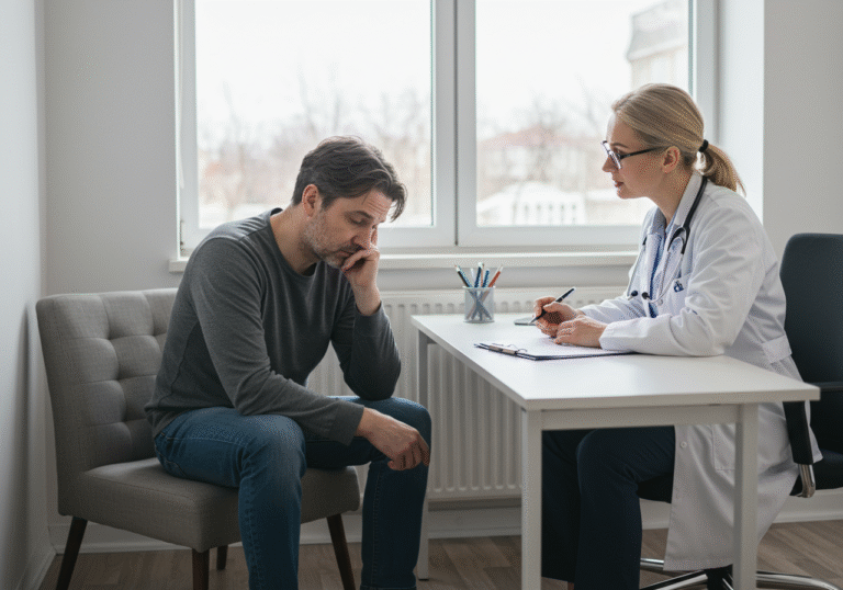 A weary-looking person, dressed in casual everyday attire, sitting in a doctor's consultation room, engaged in a conversation with a healthcare professional in a white coat. The doctor is seated at a desk, looking attentively at the patient, with a focus on discussing chronic fatigue and potential gastrointestinal symptoms, in a professional medical setting with natural light.