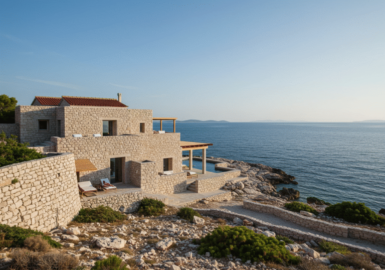 A wide, sunlit editorial photograph of the Villa Nai 3.3 luxury hotel on the picturesque coast of Dugi Otok, Croatia. The unique stone architecture of the hotel is seamlessly carved into the natural rocky shoreline, blending with the landscape and showing influence from traditional Dalmatian dry-stone techniques. The deep blue Adriatic Sea stretches out in the background under a clear sky, with sparse, native coastal vegetation surrounding the property.
