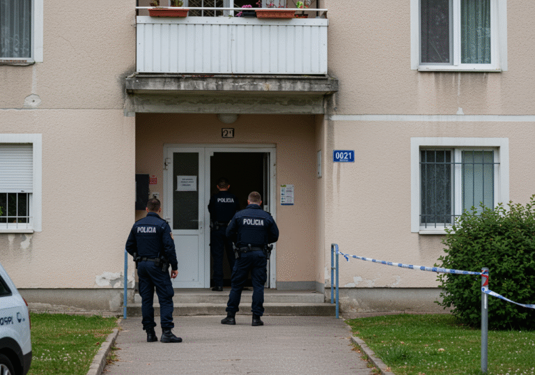 Croatian police officers in dark blue uniforms stand near the entrance of a residential apartment building in the Novo Selo neighborhood of Vinkovci, Croatia, during a clear daytime. One officer is holding a radio, while another is observing the area around the building's entrance. The scene is quiet and serious, reflecting an ongoing police investigation into a discovery inside an apartment. The architecture of the building is typical of a Croatian urban residential area.