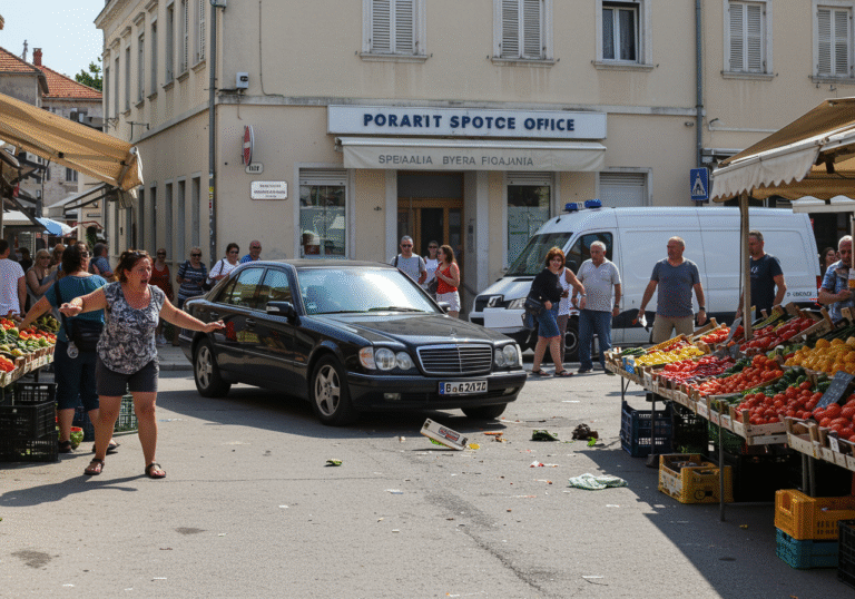 A black Mercedes with German license plates speeds dramatically through a busy outdoor street market on Vir Island, Croatia, in the bright mid-afternoon sun. The car is forcefully scattering fruit and vegetable stalls, sending produce flying across the asphalt. A woman in the foreground has a look of shock and is shouting, attempting to block the vehicle's path. In the background, a white security company van is parked directly in front of a modest, light-colored Croatian post office building. Numerous citizens nearby are reacting with sudden panic and confusion, some recoiling, others looking on in disbelief. The street is filled with the aftermath of the collision with the stalls, under a clear, bright sky.