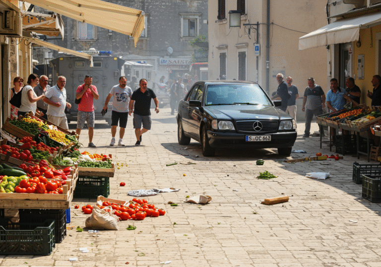 Broad daylight on Vir Island, Croatia. A black Mercedes with German license plates speeds dramatically through an outdoor market in the town center, leaving a trail of chaos. Wooden market stalls are overturned and broken, spilling vibrant, fresh fruits and vegetables like tomatoes, peppers, and grapes across the dry, sunlit cobblestone pavement. Startled local bystanders, some shielding their faces or covering their mouths, react with expressions of alarm and panic, scrambling away from the path of the vehicle. In the background, an armored security van is parked near a building resembling a post office, indicating the recent robbery target. The scene is illuminated by the bright, clear August sun, highlighting the immediate aftermath of the incident.