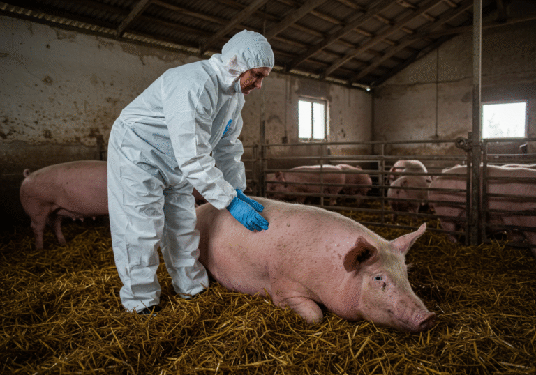 A Croatian veterinarian in white protective coveralls and gloves meticulously inspects a domestic pig inside a traditional barn on a farm in rural Osijek-Baranja County, Croatia. The pig appears lethargic, resting on straw bedding within a pen. Overcast daylight filters into the somber, working farm environment, highlighting the veterinarian's serious and concerned expression as they assess the animal. In the background, other pigs can be seen in their pens. The scene conveys the quiet urgency of an animal disease outbreak impacting Croatian livestock.