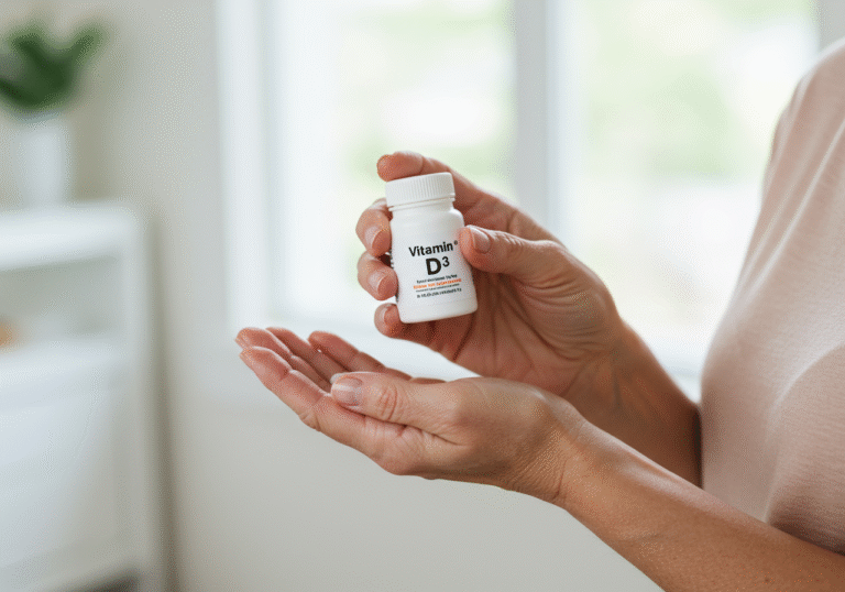 A close-up editorial shot of the hands of a healthy-looking older woman, aged late 50s, gently holding a small white bottle of Vitamin D3 supplements. The setting is a bright, clean, modern room, possibly a clinic or a well-lit home in the United States, with a softly blurred background. Natural daylight streams through a window, illuminating the scene. The overall mood is calm and indicative of well-being.