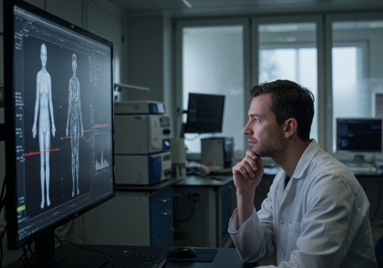 A healthy adult participant, focused and contemplative, observes a large, high-resolution scientific monitor in a modern immunology research laboratory at the University of Lausanne, Switzerland. The screen displays abstract visual information that suggests human forms, while subtle lines or patterns hint at the visual triggers of the experiment. The participant's expression is one of deep concentration, their eyes intently fixed on the display. In the background, sophisticated lab equipment and dimly lit data screens are visible, bathed in the soft, diffused natural light filtering through tall windows, indicating a calm daytime setting.