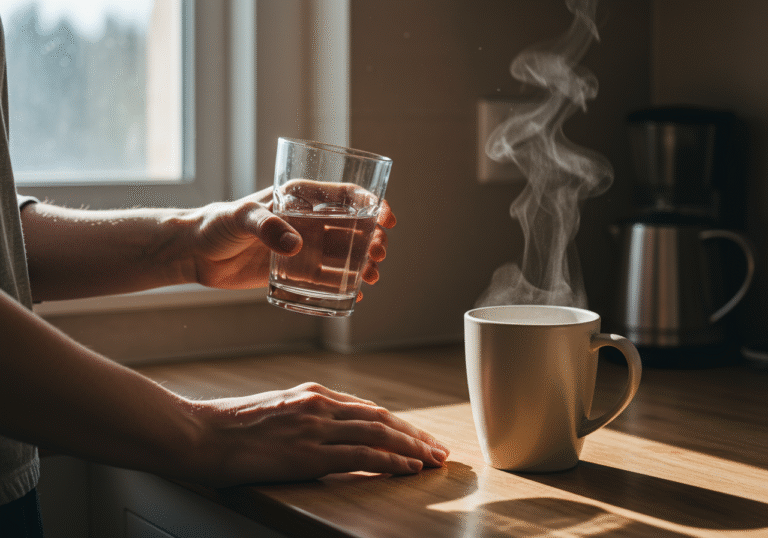 A person's hands gently hold a clear glass of water, taking a sip, in a sunlit kitchen during early morning. A steaming ceramic coffee mug sits undisturbed on the counter nearby, awaiting its turn. Soft, natural light from a window illuminates the calm, domestic scene of a healthy morning routine.