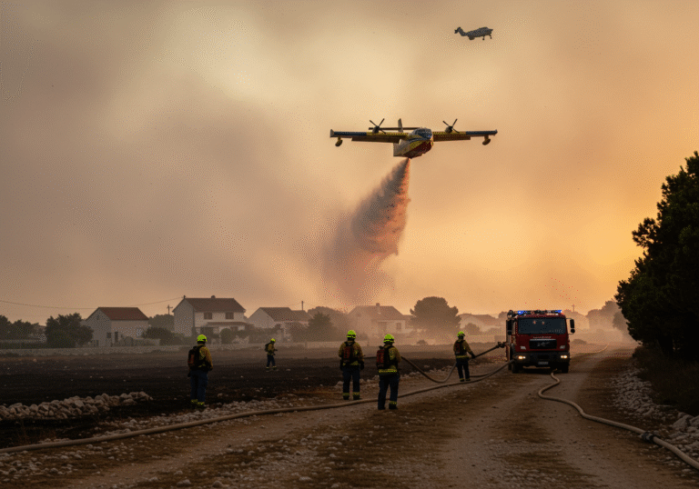 Late afternoon, August 8, 2025, in Gaćelezi, Šibenik-Knin County, Croatia. A significant open-space wildfire burns intensely, sending plumes of smoke across the arid Mediterranean landscape. Croatian firefighters, wearing yellow and blue uniforms, are strategically positioned on the ground, some operating hoses from fire trucks, diligently working to protect nearby residential houses visible in the mid-ground. Above the smoky scene, a Canadair water bomber is captured in flight, actively dropping water onto the active fire front, while an Air Tractor is also present in the hazy sky. The sun casts a warm, orange light through the smoke, highlighting the urgency and scale of the firefighting operation.