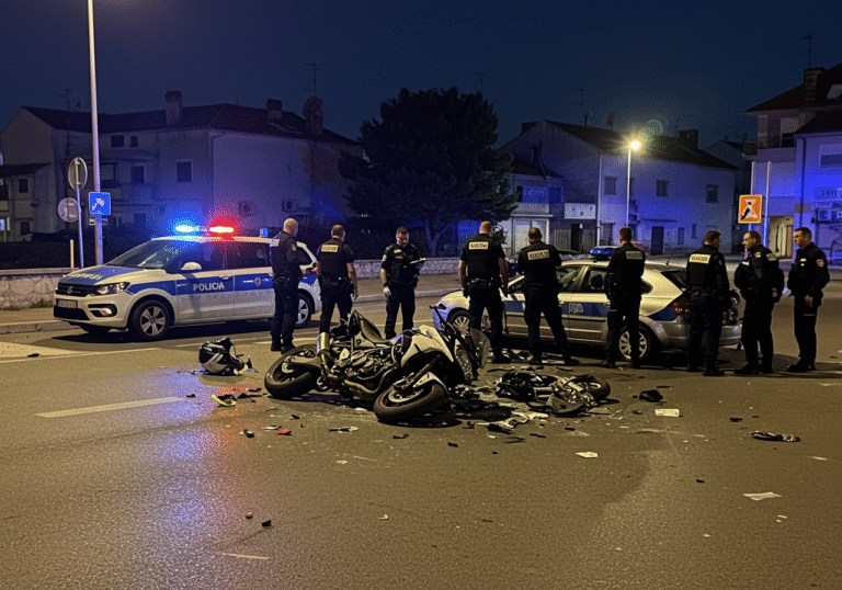 An early morning editorial wide shot of a serious traffic accident scene at a dark street intersection in Vodice, Croatia, around 00:25. A severely damaged motorcycle lies on its side on the asphalt, next to a car with visible front-end damage. The scene is illuminated by the flashing blue and red lights of a Croatian police patrol car parked nearby. Several Croatian police officers in standard uniforms are methodically investigating the collision, some with clipboards, amidst scattered vehicle debris. The surrounding buildings are dimly lit by streetlights, and the overall atmosphere is somber and quiet under the pre-dawn sky.