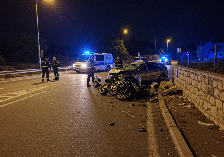 Late night, around 00:25, Croatian police investigators examine the scene of a serious traffic collision at a local intersection in Vodice, Croatia. A severely damaged motorcycle lies on the asphalt near a dented car, both vehicles showing impact from a head-on collision. Debris is scattered around. A concrete-stone fence adjacent to the roadway is visibly damaged, indicating a secondary impact point. Blue and red lights from police vehicles illuminate the somber scene, casting long shadows across the empty intersection as officers work.