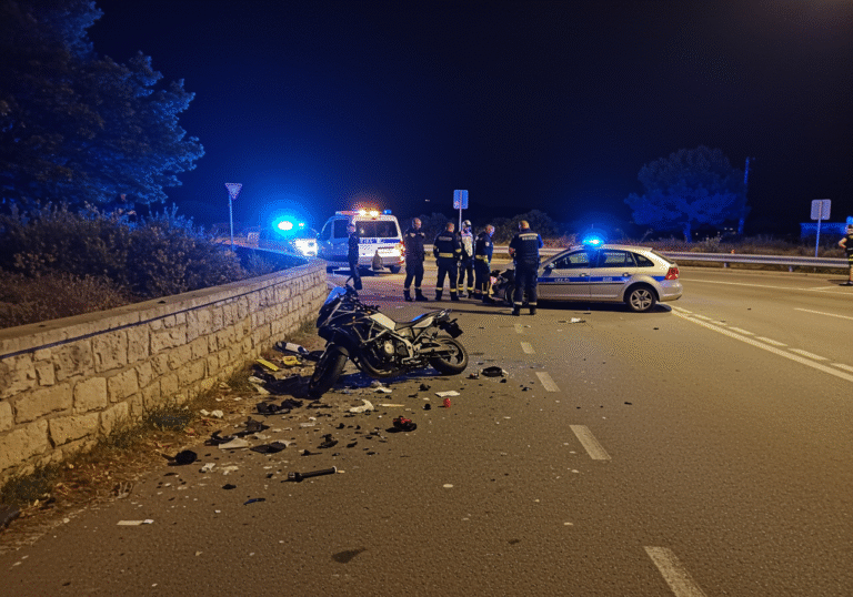 An illuminated night scene at an intersection in Vodice, Croatia, in the early hours of August 17. The aftermath of a severe traffic accident is visible, with a damaged motorcycle bearing Šibenik license plates lying on its side next to a concrete-stone wall. Scattered debris is on the dark asphalt road. A passenger car with front-end damage is stopped nearby. Croatian police officers and paramedics are present, their vehicle's blue lights casting a stark glow on the scene as they attend to the injured or investigate the collision. The atmosphere is somber, reflecting the seriousness of the event.