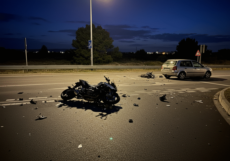 A traffic accident scene at an intersection in Vodice, Croatia, in the very early morning hours. The sky is dark, with only distant streetlights providing dim illumination. A heavily damaged motorcycle lies on its side on the asphalt. Nearby, a passenger car shows significant collision impact. Debris from the crash is scattered across the dark road surface.