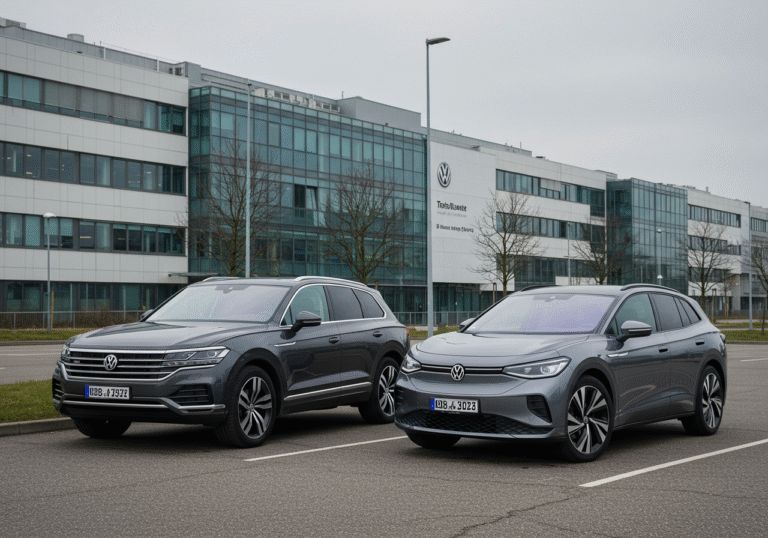 A Volkswagen Touareg SUV and a Volkswagen ID.5 electric coupe-crossover are parked side-by-side on an asphalt lot in front of a modern glass and concrete corporate building, part of a large Volkswagen manufacturing complex in Germany, on a cool, overcast afternoon. The vehicles are clean and prominently featured, representing the company's strategic decision regarding its model lineup.