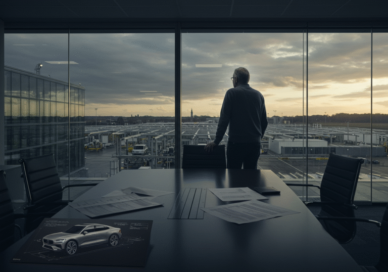 A somber atmosphere in a modern, glass-walled executive office at a global automotive company, late afternoon under an overcast sky. A high-level executive, a person in their 50s, with a weary, pensive expression, stands looking out at a sprawling, quiet automotive research and development facility or a partial view of a production line. Papers hinting at significant financial losses and strategic challenges are subtly visible on a large conference table in the foreground, alongside a technical drawing or schematic of a new electric vehicle, possibly a Volvo EX90 or EX30, symbolizing the company's product struggles. The overall scene conveys a deep sense of corporate crisis and a turbulent period for the company.