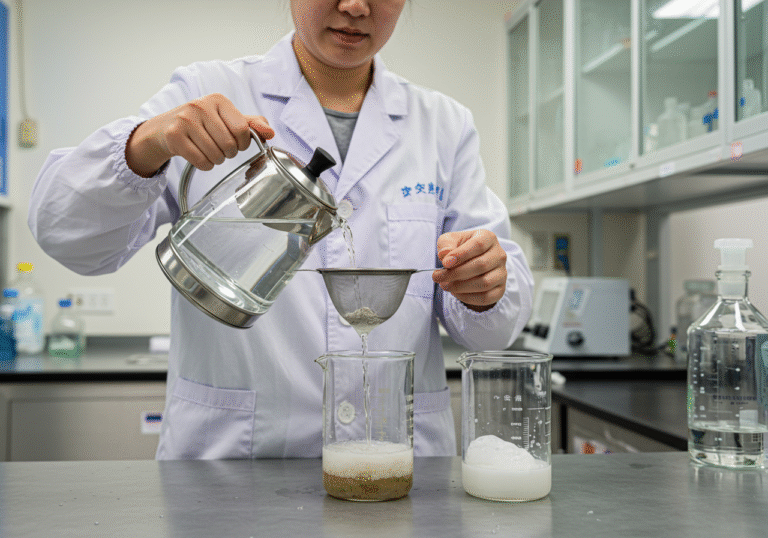 An editorial-style photograph in a brightly lit, modern laboratory. A Chinese scientist, wearing a white lab coat, meticulously pours water from a clear glass kettle through a stainless steel mesh tea strainer into a clean glass beaker. On the workbench beside them, a second beaker contains a visible layer of white, chalky sediment, representing the successfully removed limescale and bound microplastic particles. The scientist's face is partially visible, showing focused concentration on the simple, yet revolutionary, process.